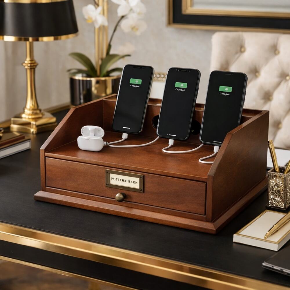 Pottery Barn Wooden Charging Station Desk Organizer Phone Dock Cord Organizer